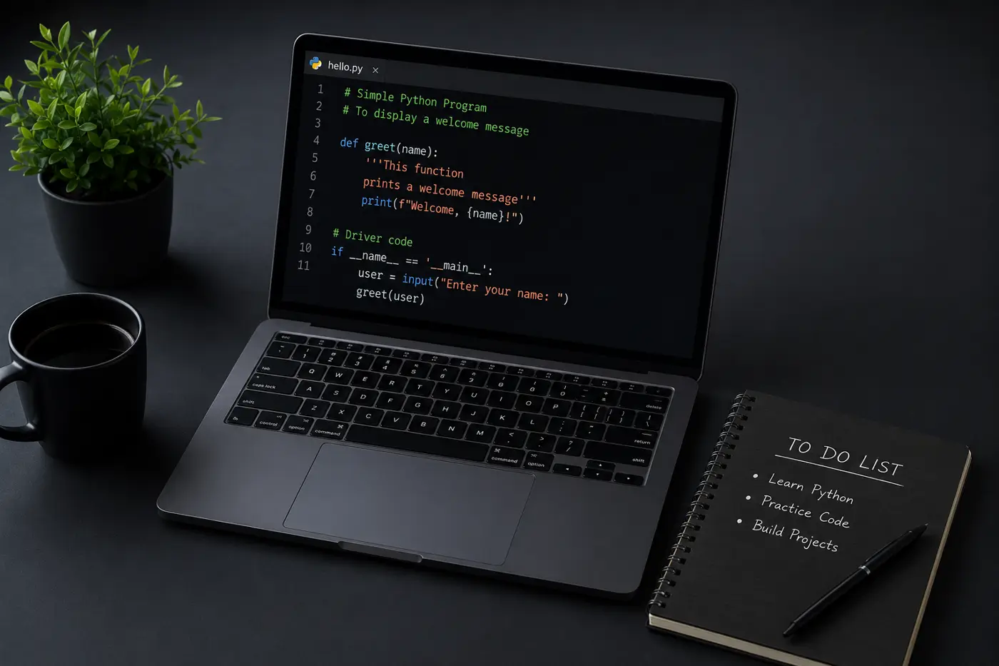 A minimalist workspace with a laptop displaying a Python script, a coffee cup, and a notebook — the perfect Python learning setup
